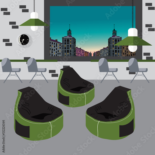 Bean bag chair with city view from window. Good idea for office workplace interior, co working freelance center.Flat concept vector illustration.