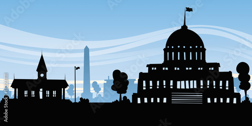 Cartoon silhouette of government buildings and a monumental obelisk.