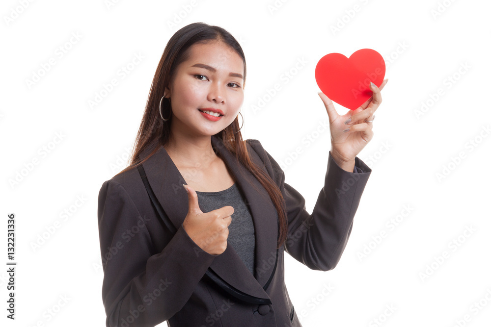 Asian business woman thumbs up with red heart. Asian business woman thumbs up with red heart.