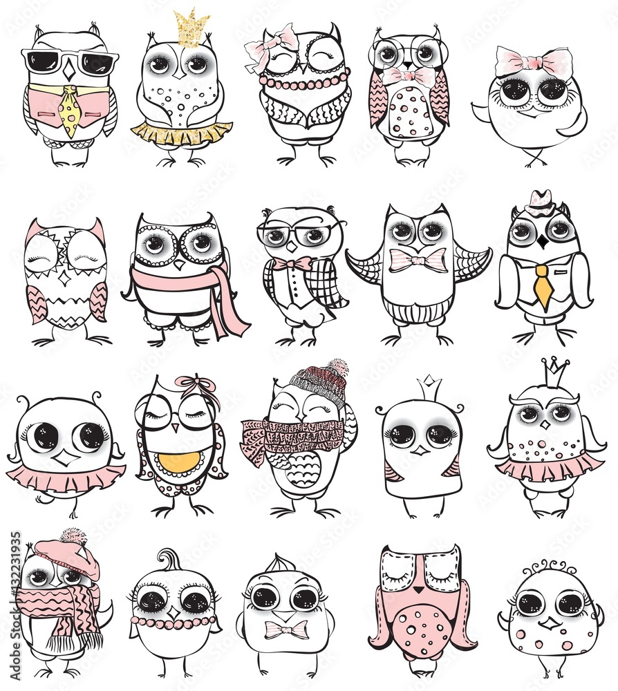 Set of 10 Cute hipster hand drawn owl Set of 10 Cute hipster hand drawn owl