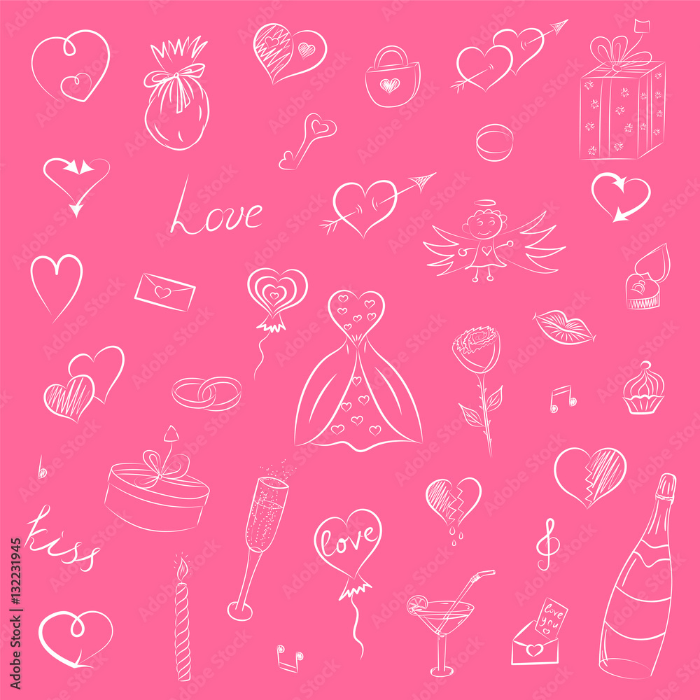 Hand Drawn Set of Valentine's Day Symbols. Children's Funny Doodle Drawings of Hearts, Gifts, Rings, Balloons. Sketch Style  Vector Illustration.