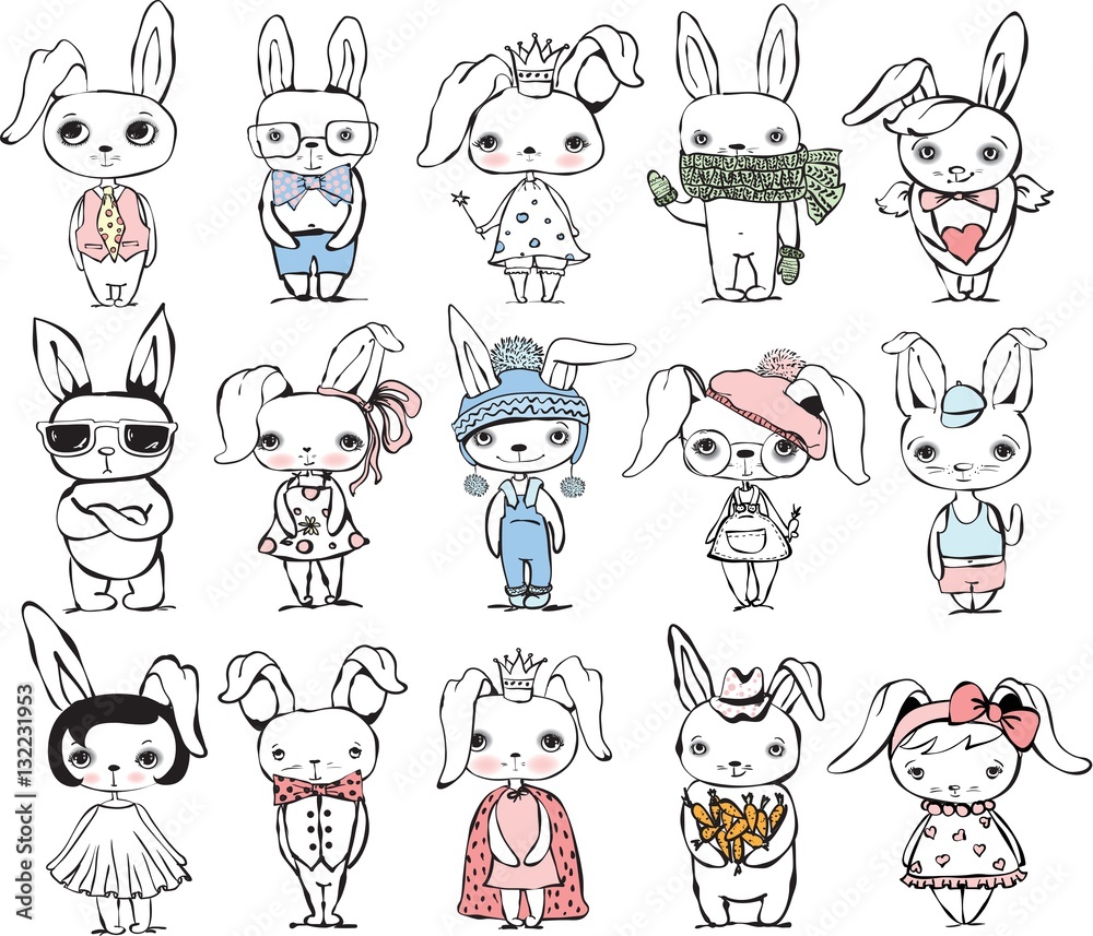 Fototapeta premium Cute rabbits for greeting card design, t-shirt print, inspiration poster