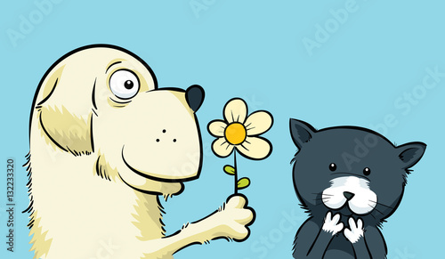 A cute, cartoon dog offers a flower to a bashful cat.