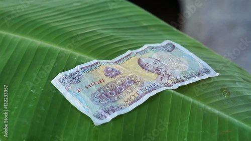 NHA TRANG, VIETNAM - NOVEMBER, 21, 2016: 1000 Vietnamese dong bill lies on the palm leaf. photo