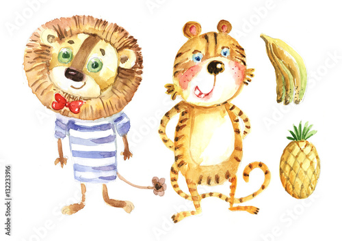 Fototapeta Naklejka Na Ścianę i Meble -  a lion and a tiger, pineapple, banana, watercolor