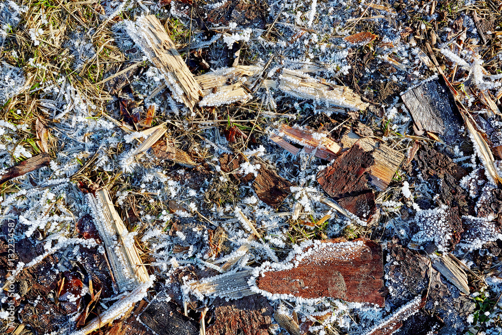 Ice, hoarfrost, splinter, grass on frozen ground