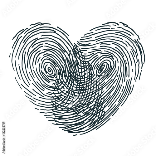 Valentines day design. Vector fingerprint sketch with heart. Hand drawn outline illustration with human finger print
