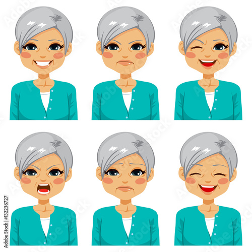 Senior adult happy woman making six different face expressions set