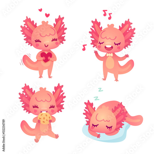 Set of cartoon axolotls for kids in vector. Girly stickers with cute animal characters in different situations isolated on white.