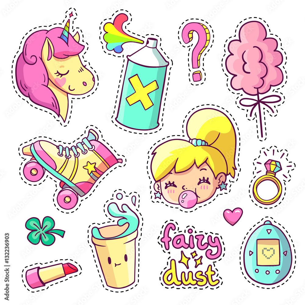 Cool stickers set in 80s-90s pop art comic style. Patch badges and pins  with cartoon characters, food and things. Vector crazy doodles with  unicorn, teenage girl, roller skate etc. Stock Vector |