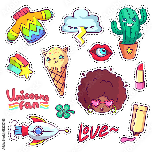 Cool stickers set in 80s-90s pop art style. Patch badges and pins with cartoon characters, food and things. Vector crazy doodles with african woman, strange cactus, ice cream cat etc.