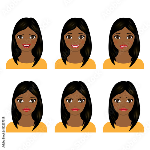 Young women faces isolated on white background. Vector illustration. Set of facial expressions of girl.