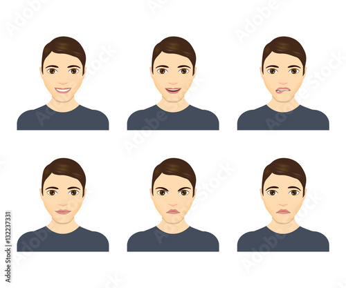 Young man face expressions composite isolated on white background. Vector illustration. Flat design. Man with different facial expressions set.