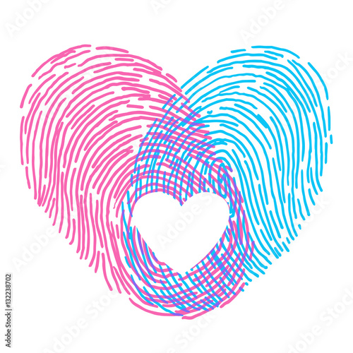 Valentines day design. Vector fingerprint sketch with heart. Hand drawn outline illustration with human finger print with pink and blue heart shape