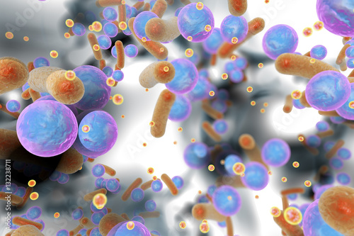 Biofilm of antibiotic resistant bacteria. Small red spheres are quorum sensing molecules used for bacterial communication inside biofilm. 3D illustration photo