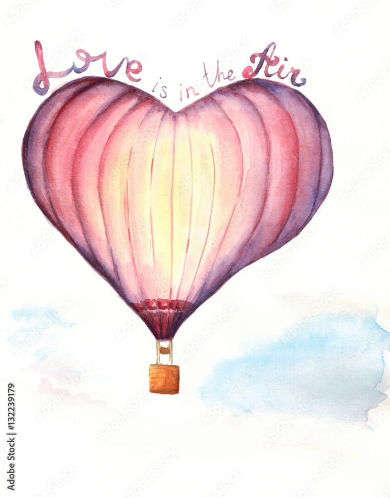 Obraz premium Watercolor hand drawn illustration of balloon in the shape of a heart of pink color in the clouds with lettering Love is in the Air on paper texture art