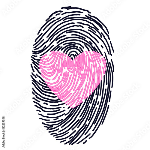 Valentines day design. Vector fingerprint sketch with heart. Hand drawn outline illustration with human finger print with pink heart shape