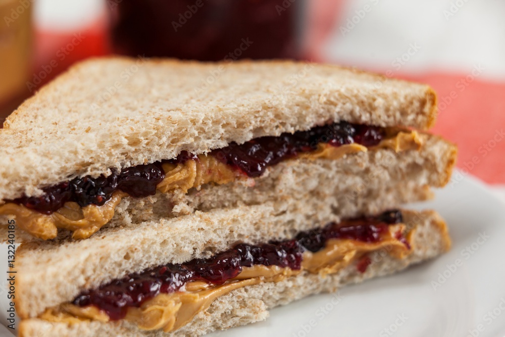 Bread sandwich with jam and peanut butter