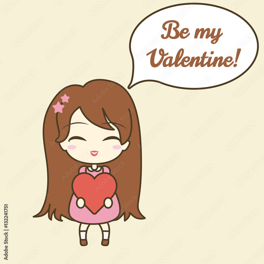 Cute girl holding heart, and speech bubble with text. Cute girl holding heart, and speech bubble with text.