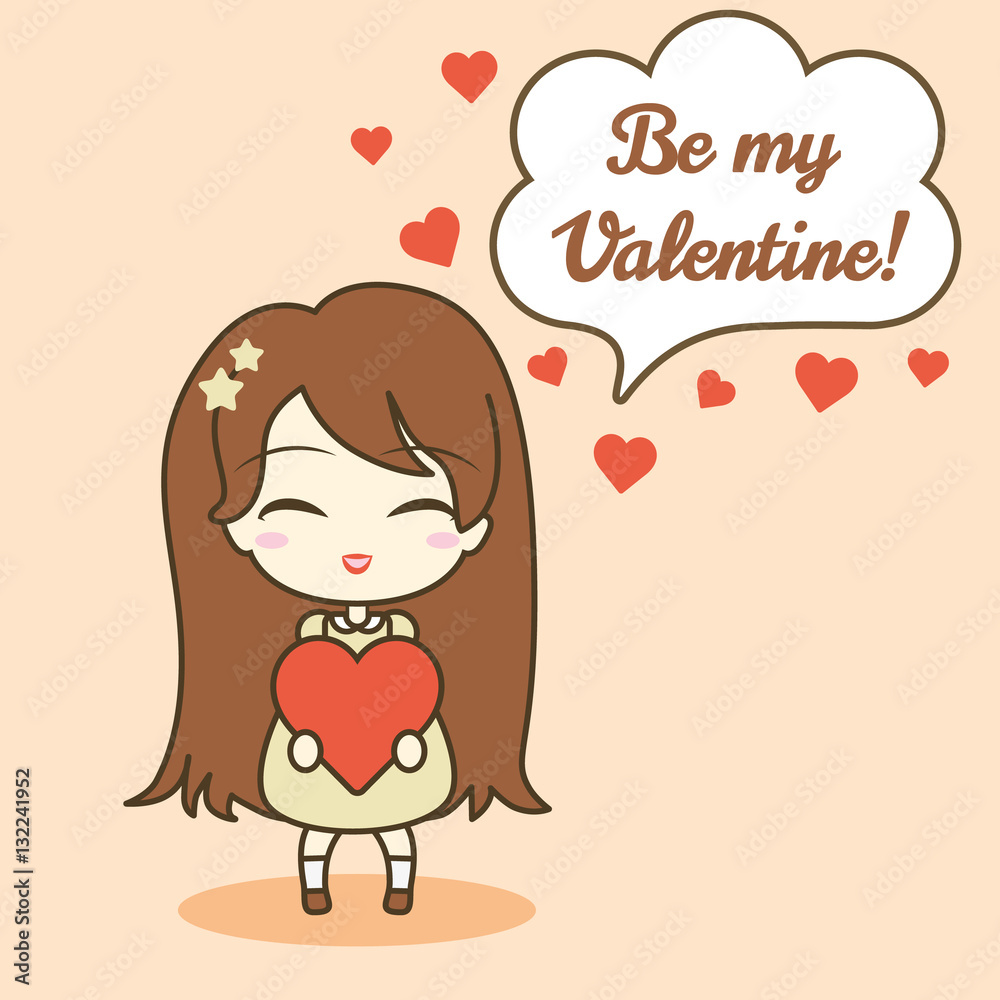 Cute girl holding heart, and speech bubble with text. Cute girl holding heart, and speech bubble with text.