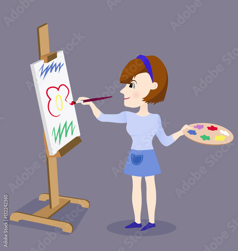 Illustration of female artist while painting flower on the gray background. Vector.