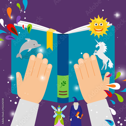 Fairy tale kids book, top view vector illustration