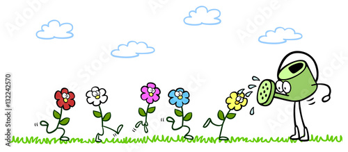 Cartoon Gießkanne beim Blumen gießen im Garten – Stock-Illustration | Adobe  Stock