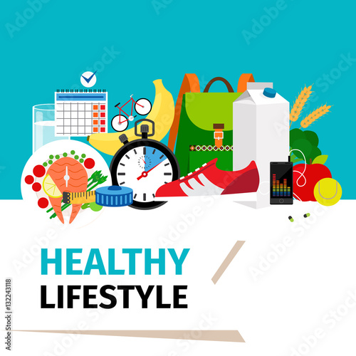 Healthy lifestyle concept. Training equipment and fitness clothes for sport activity with place for text. Vector illustration