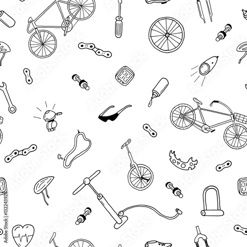 Vector seamless pattern in doodle style.Bicycle accessories.