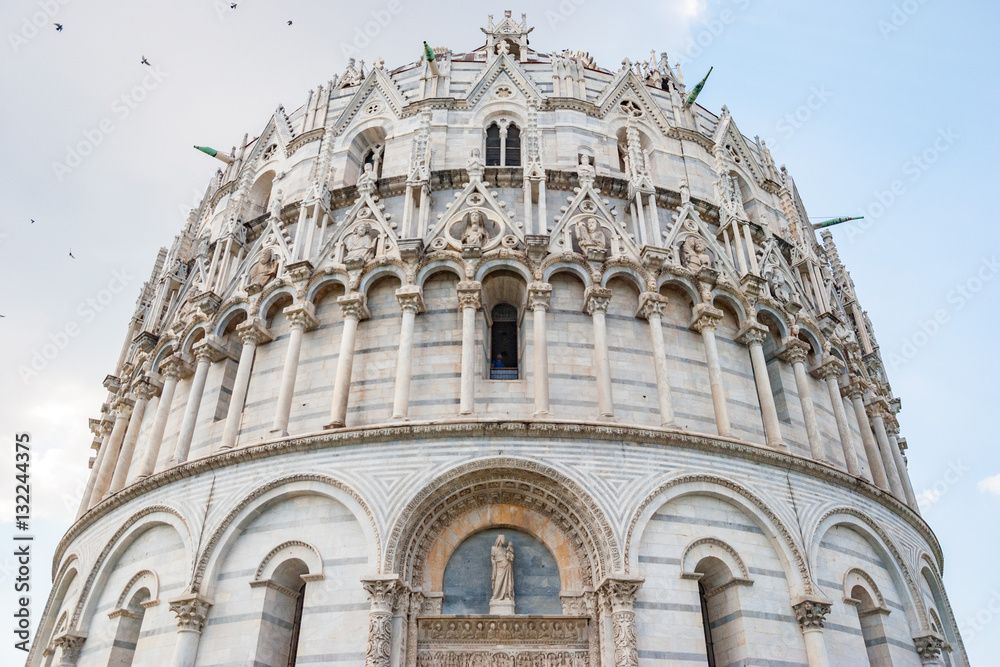 City of Pisa, Italy. Close up view of the 12th century Baptistry at Pisa’s Piazza dei Miracoli