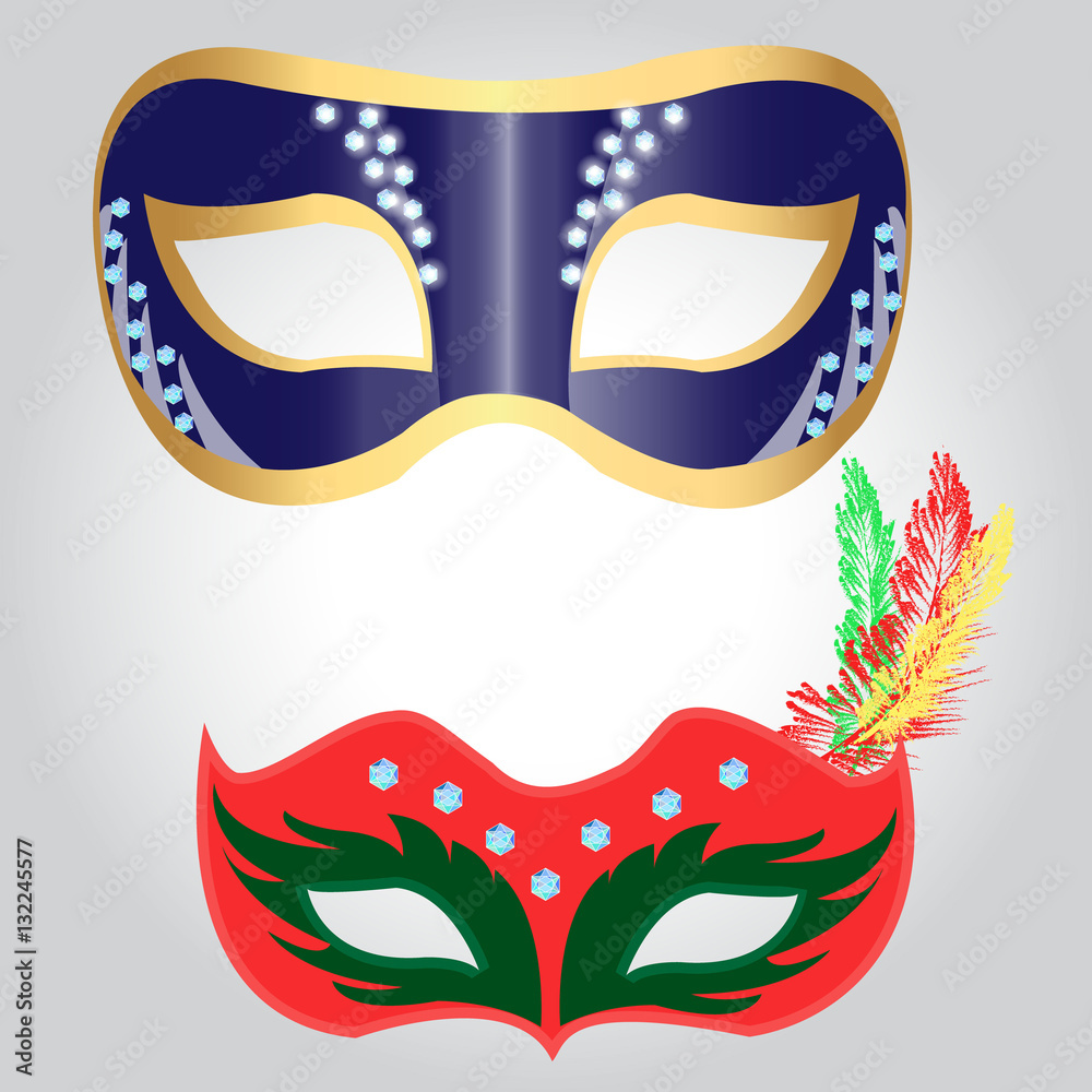 Mask for carnival or masquerade, decorated with glittering crystals and colorful feathers, vector illustration for poster, ads, postcards