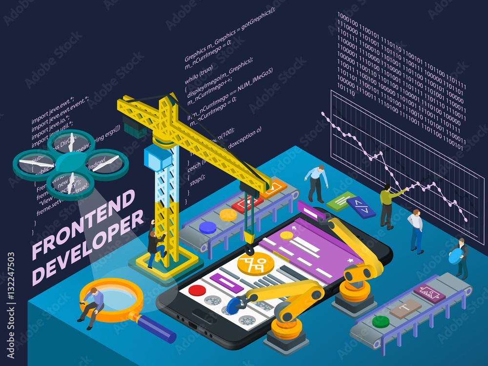 Mobile App Development. Flat 3d isometric mobile UI web design concept. Isometric infographic concept. Futuristic virtual graphic user interface. People at work in different poses. Vector illustration