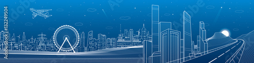 Highway in the mountains, city and transport mega panorama, business center, skyline, white lines landscape, night town, airplane fly, vector design art