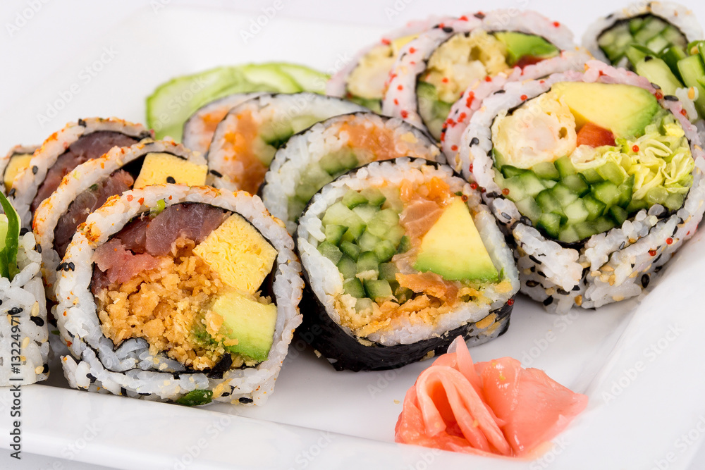 fresh various raw fish sushi plate closeup