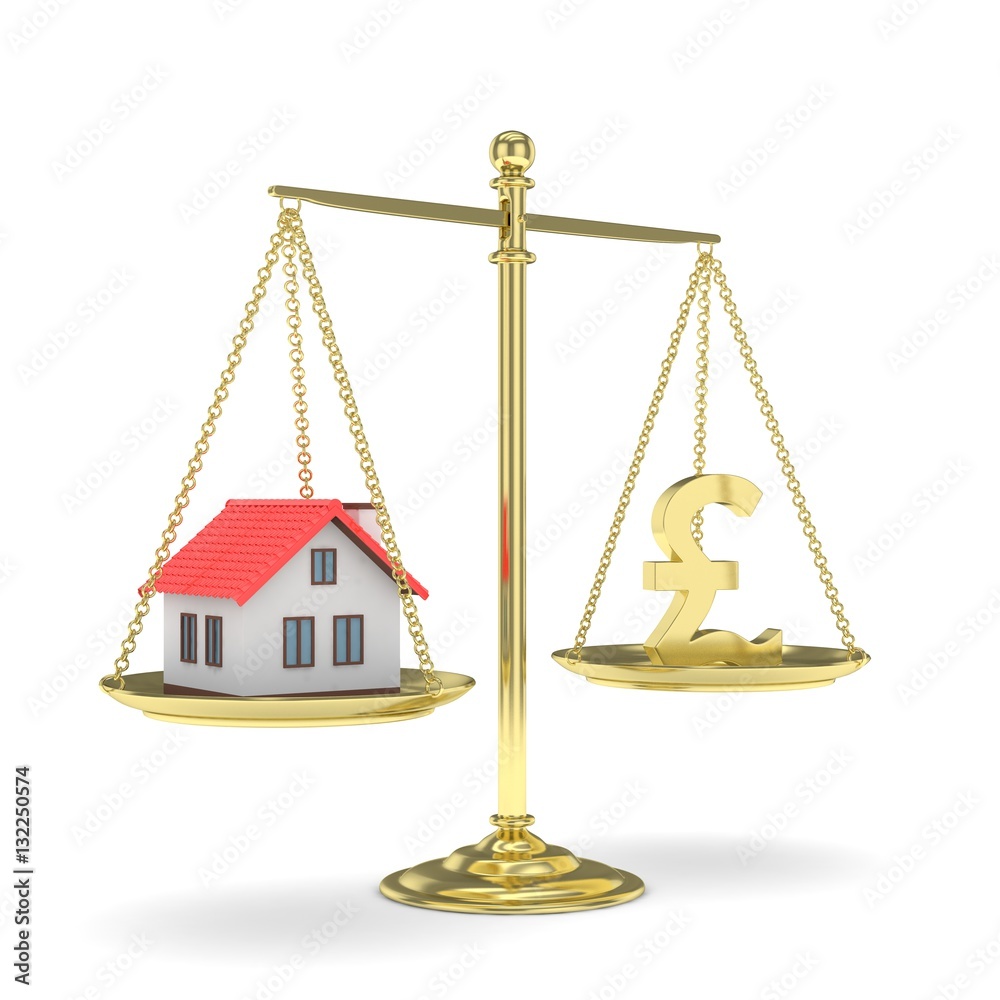 Isolated golden scales with golden pound and house on white background. Investment or savings concept. Real estate and currency. 3D rendering. Isolated golden scales with golden pound and house on white background. Investment or savings concept. Real estate and currency. 3D rendering.