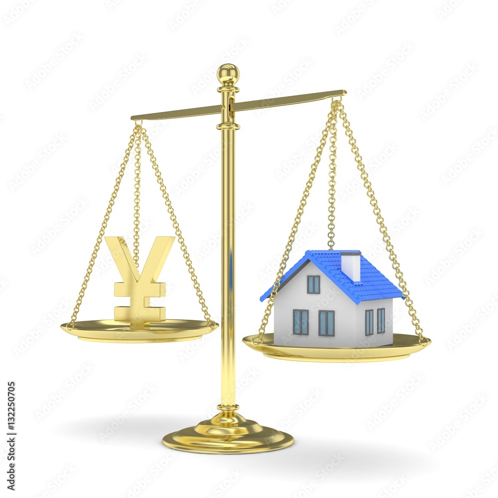 Isolated golden scales with golden yuan and house on white background. Investment or savings concept. Real estate and currency. 3D rendering. Isolated golden scales with golden yuan and house on white background. Investment or savings concept. Real estate and currency. 3D rendering.