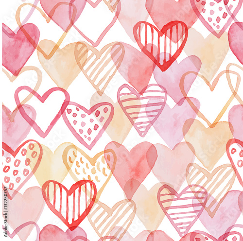 Happy Valentines Day watercolor hearts background vector illustration. Seamless pattern.