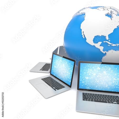 Laptop network around earth globe. 3d render