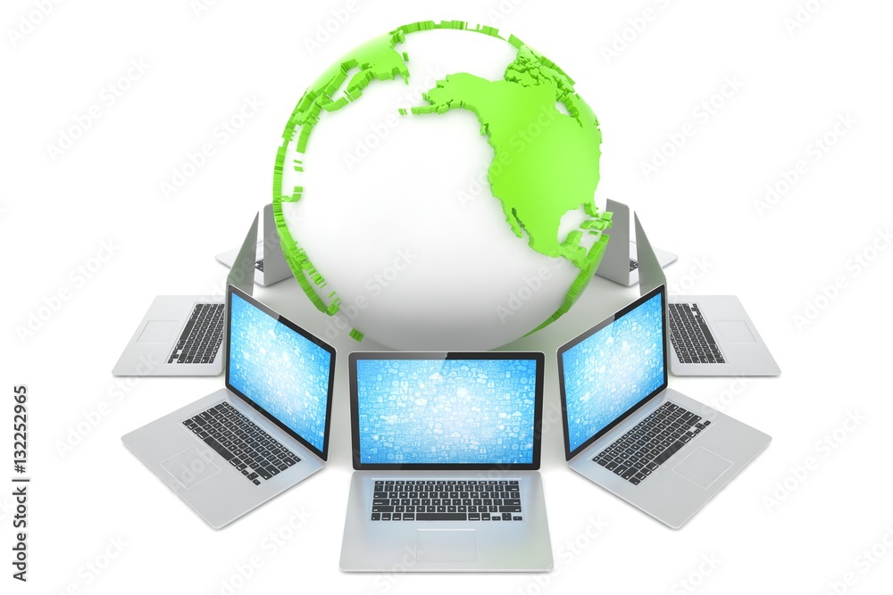 Laptop network around earth globe. 3d render Laptop network around earth globe. 3d render