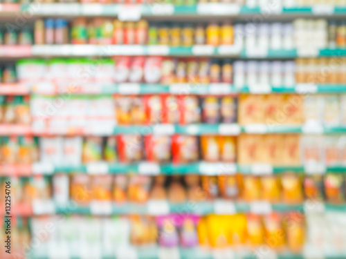 Blurred colorful supermarket products on shelves