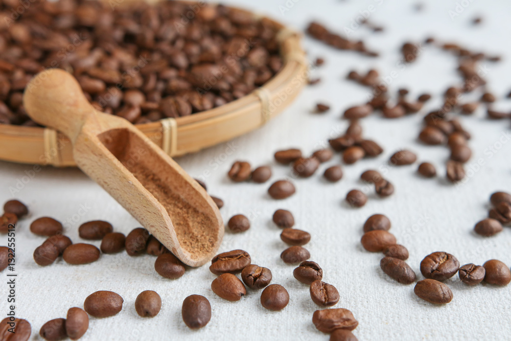 Coffee grains close-up in a rustic style Coffee grains close-up in a rustic style
