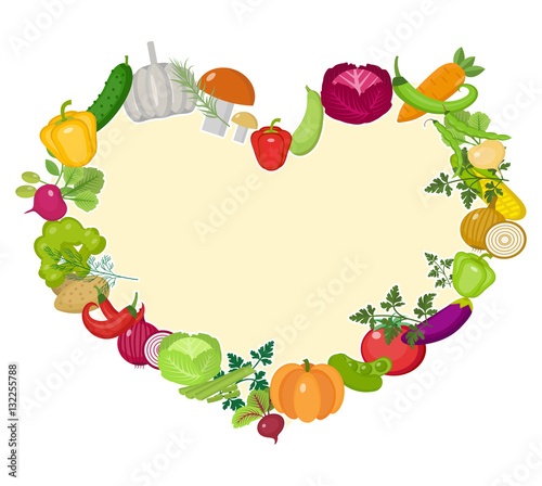 Vegetables frame in the shape of a heart. Flat style. Isolated on white background. Healthy lifestyle, vegan, vegetarian diet, raw food. Vector illustration