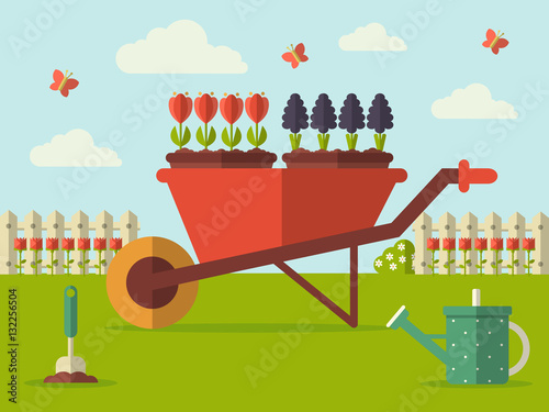 Vector Illustration of a Spring Garden with Wheelbarrow, Watering Can and Flowers. Flat Design Style. 