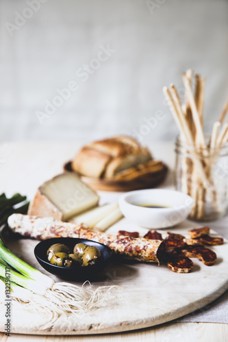 Wallpaper Mural Sausage and cheese on a wooden board with loaf of bread Torontodigital.ca