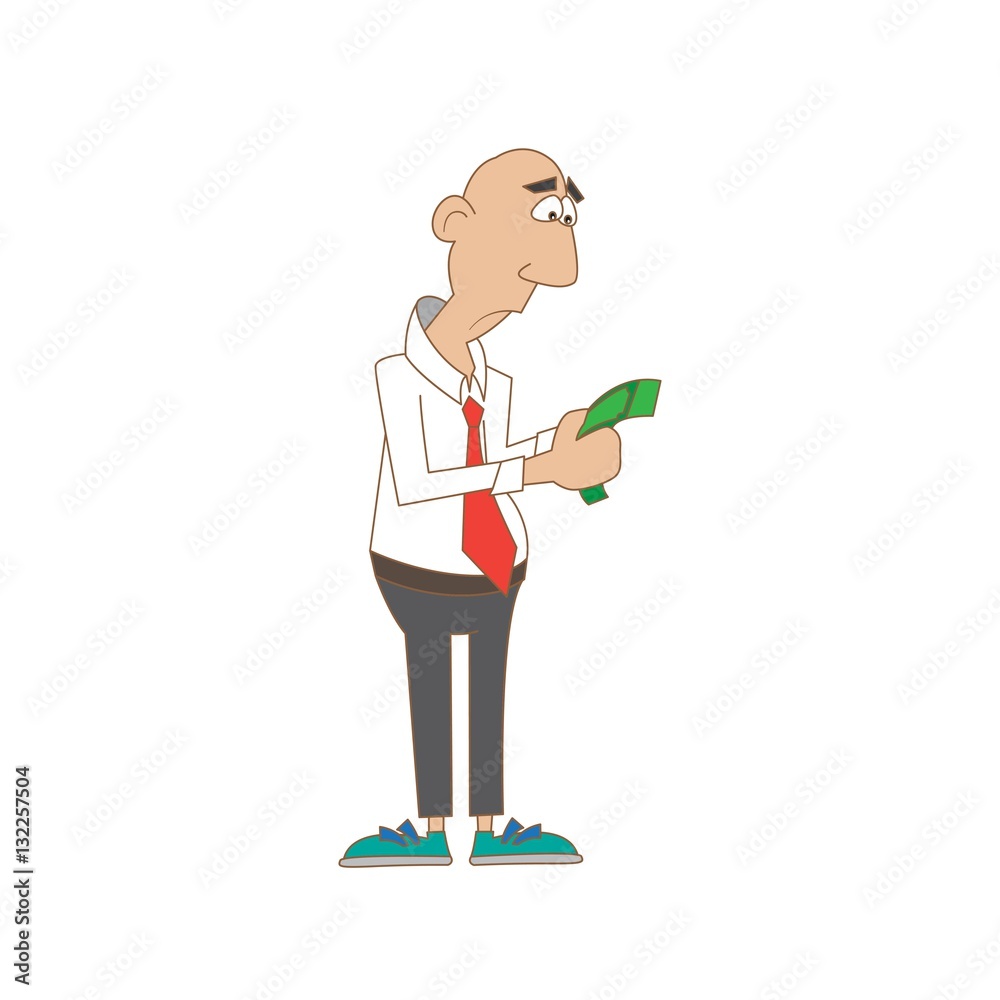 a man with a sad view counts the money. vector illustration