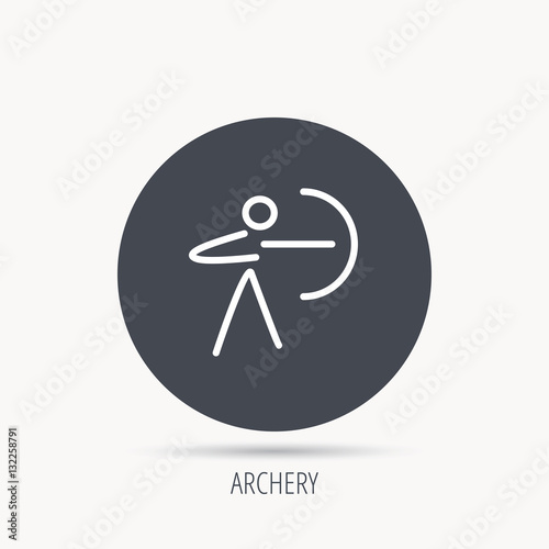 Archery sport icon. Archer with longbow sign. Aiming or targeting symbol. Round web button with flat icon. Vector