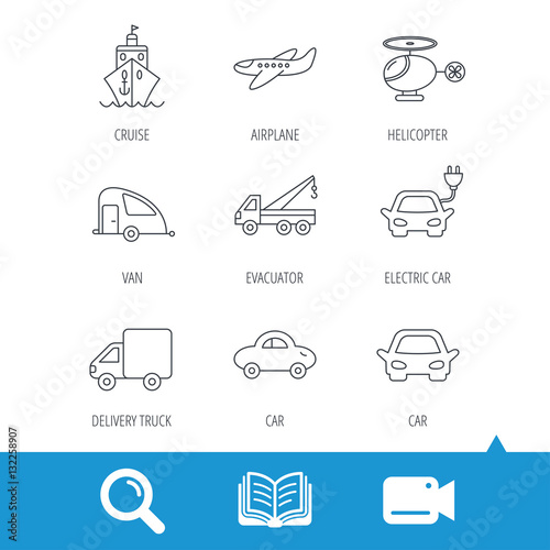 Transportation icons. Car, ship and truck linear signs. Airplane, helicopter and evacuator flat line icons. Video cam, book and magnifier search icons. Vector