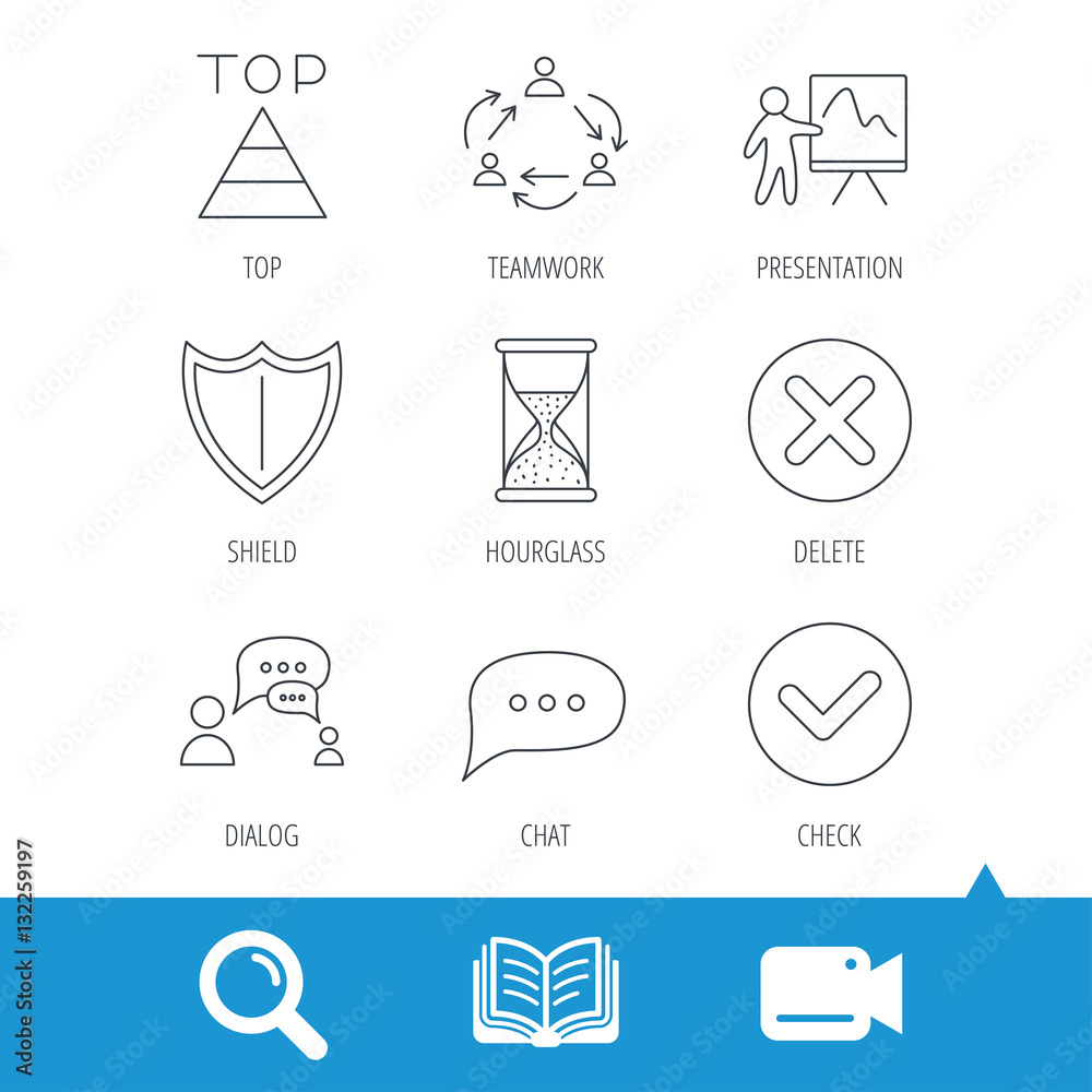 Teamwork, presentation and dialog icons. Chat speech bubble, shield and pyramid linear signs. Check, delete and hourglass flat line icons. Video cam, book and magnifier search icons. Vector Teamwork, presentation and dialog icons. Chat speech bubble, shield and pyramid linear signs. Check, delete and hourglass flat line icons. Video cam, book and magnifier search icons. Vector