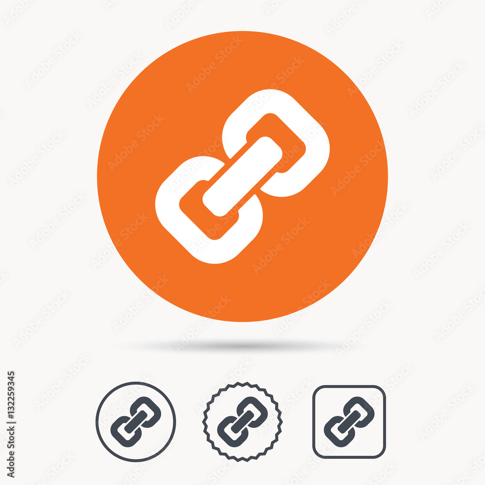 Chain icon. Internet web hyperlink symbol. Orange circle button with web icon. Star and square design. Vector Chain icon. Internet web hyperlink symbol. Orange circle button with web icon. Star and square design. Vector