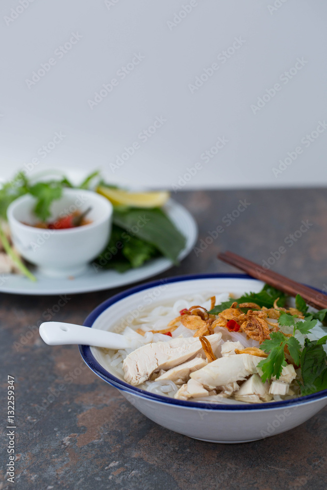 Pho ga- Vietnamese chicken noodle soup with crispy fried shallots and fresh herbs Pho ga- Vietnamese chicken noodle soup with crispy fried shallots and fresh herbs
